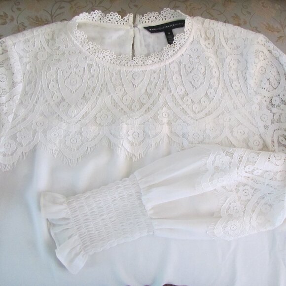 LACE BLOUSE, 8, CREAM OFF-WHITE IVORY by WHITE HOUSE BLACK MARKET, LONG SLEEVES - Picture 7 of 8